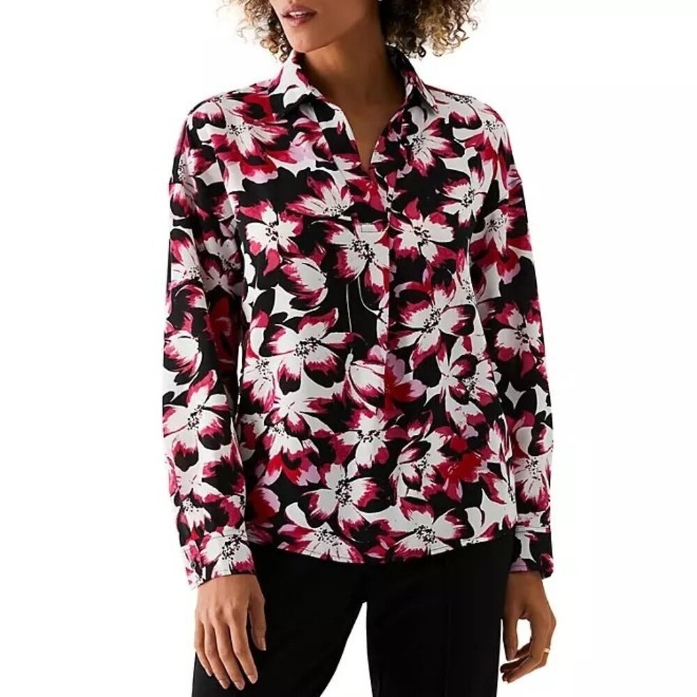 Rafaella Ladies Top L Long Sleeve V Neck Collared Blouse Shirt Floral L